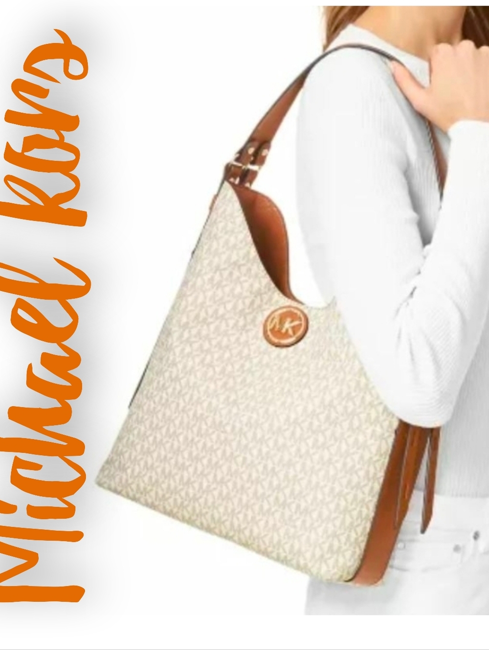 Michael Kors Cream and Brown Logo-Print Shoulder Hobo